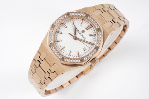 8F공장 오데마피게 로얄오크 레이디 화이트 다이얼 다이아베젤 로즈골드 금통 34mm 77351OR