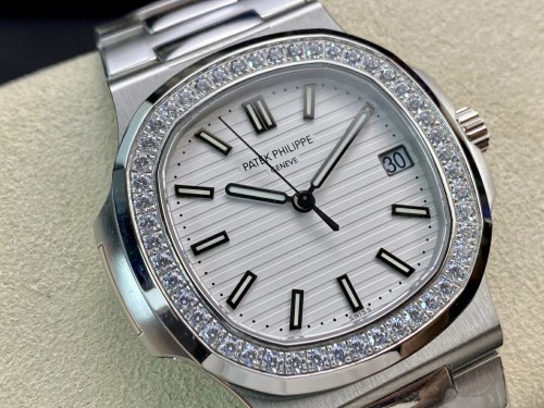 PPF공장 파텍필립 노틸러스 화이트 다이얼 바인덱스 다이아 베젤 SS 브레이슬릿 40mm 5711