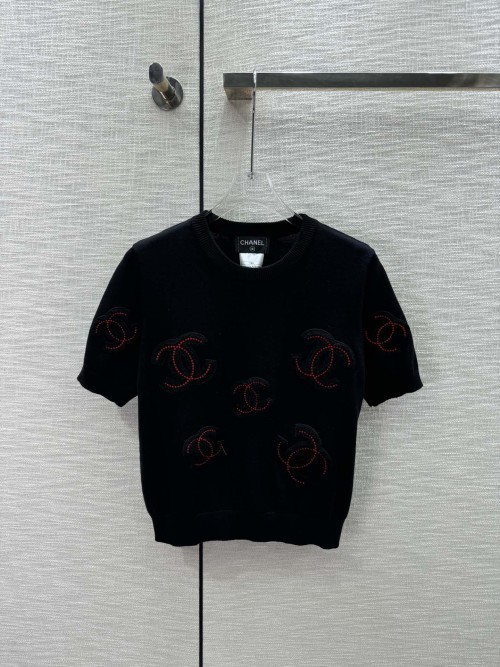 샤넬 24SS 자수 빅로고 니트 반팔 블랙